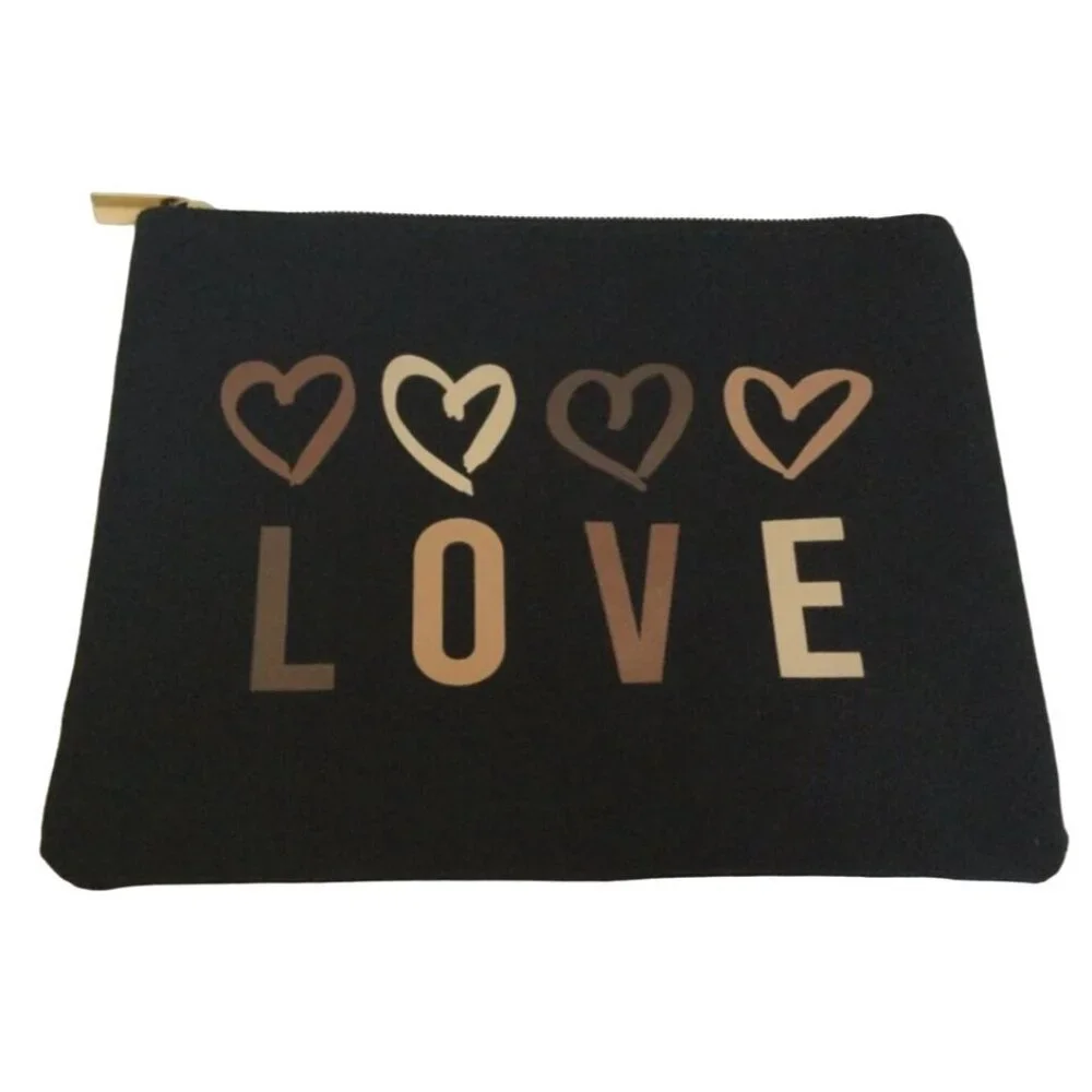 Macys Love Zipper Cosmetics Bag Makeup Travel Black Denim Hearts
